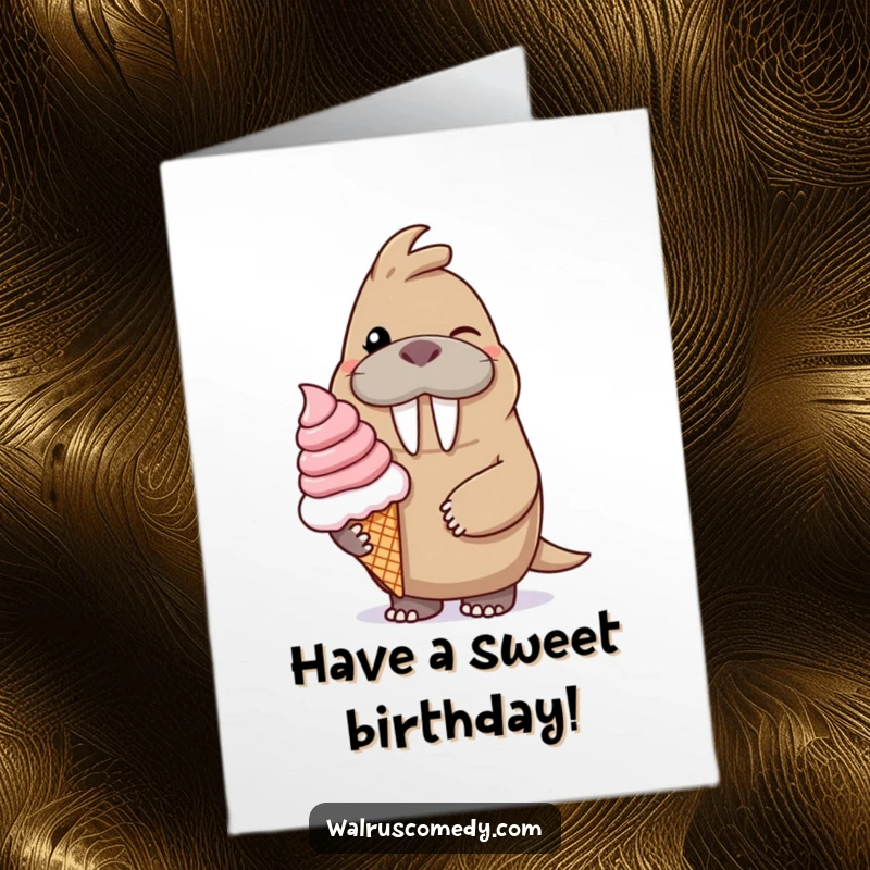 Funny Free Printable birthday card featuring a winking walrus proudly offering a massive ice cream cone. A sweet and humorous downloadable gift.