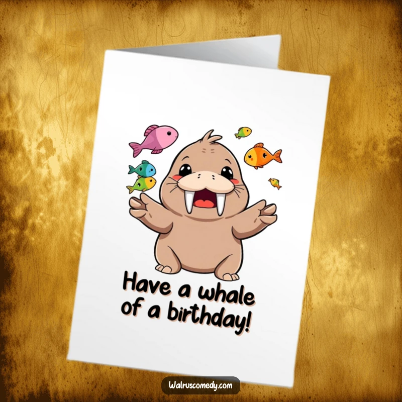 Funny Free Printable Birthday Card: A happy walrus with a wide grin juggles colorful fish with impressive skill and joy.