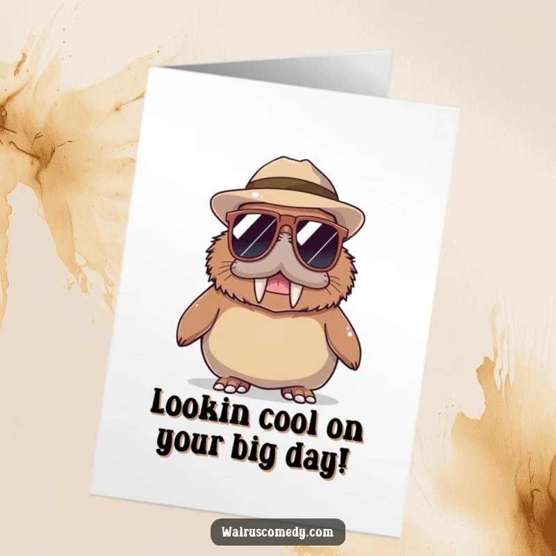 Funny Free Printable Birthday Card featuring a walrus looking incredibly cool wearing oversized sunglasses and a stylish hat.