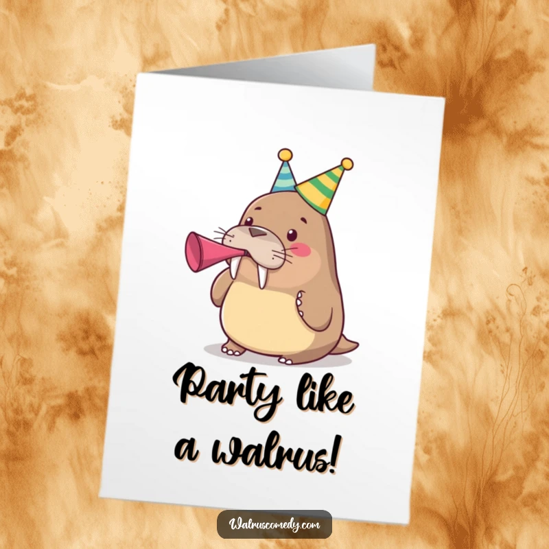 Funny Free Printable Birthday Card: A cute walrus wearing a colorful party hat, enthusiastically blowing a party horn.