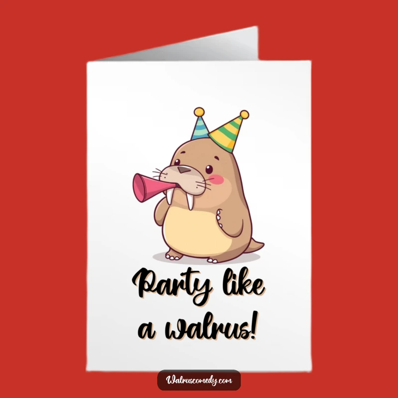 Free Printable Birthday Card: Party Walrus Horn Blast - Funny Downloadable Celebration for an Epic Birthday!