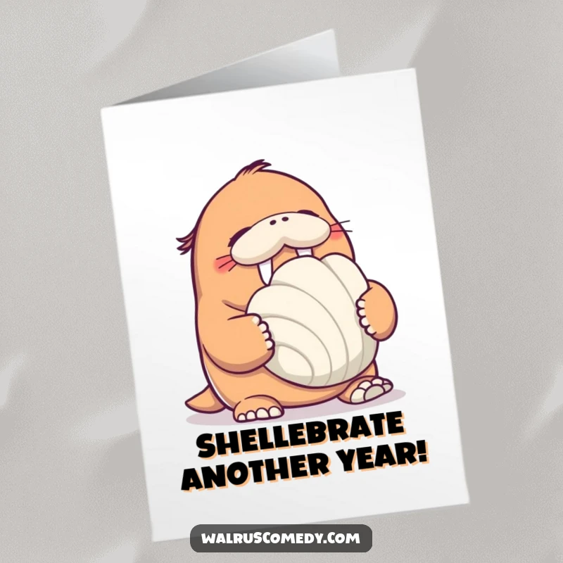 Funny Free Printable Birthday Card showing a walrus giggling uncontrollably while holding a comically large seashell.