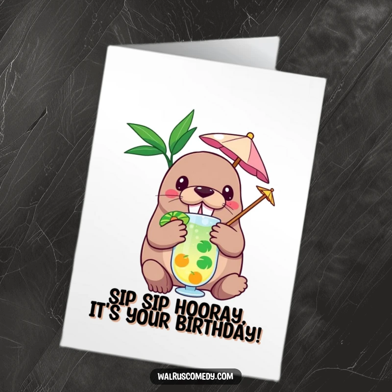 Funny Free Printable Birthday Card: Walrus with tiny umbrella in tropical drink, ready for a hilarious celebration.