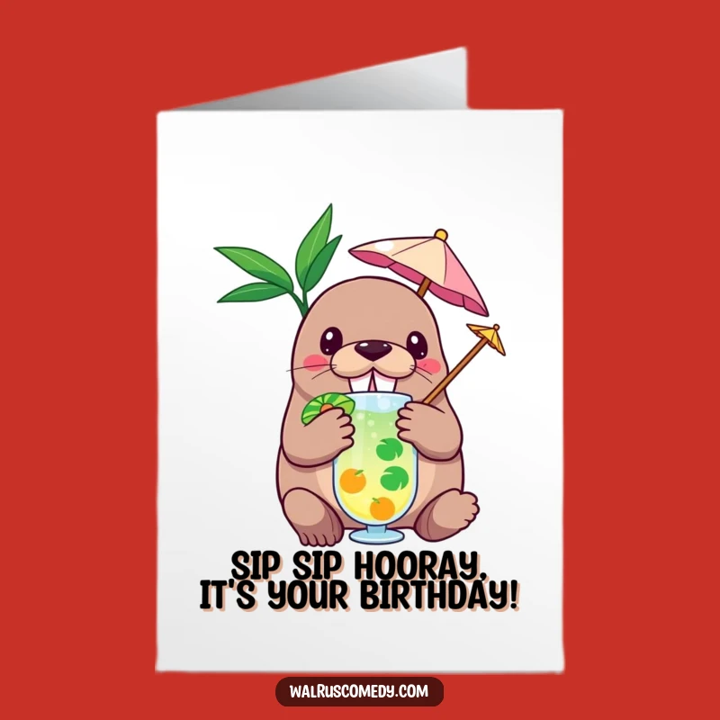 Free Printable Funny Birthday Card: Walrus Tropical Drink - Easy DIY Downloadable Gift