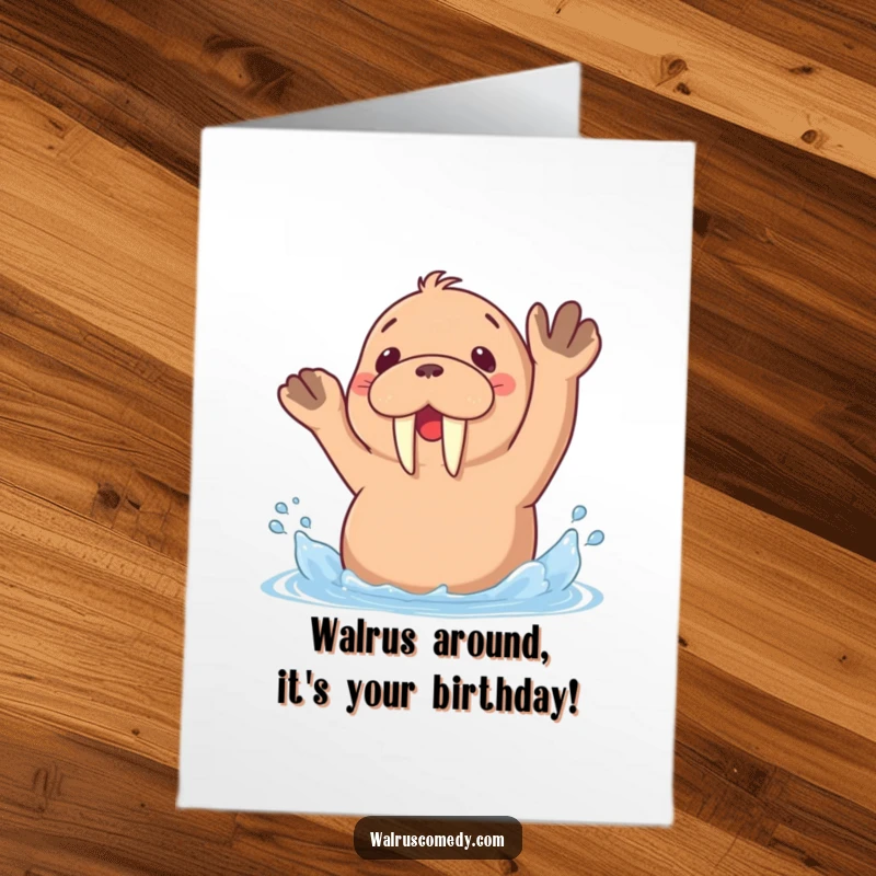 Funny Free Printable Birthday Card featuring a kawaii walrus gleefully splashing water with its flippers, spreading watery cheer.