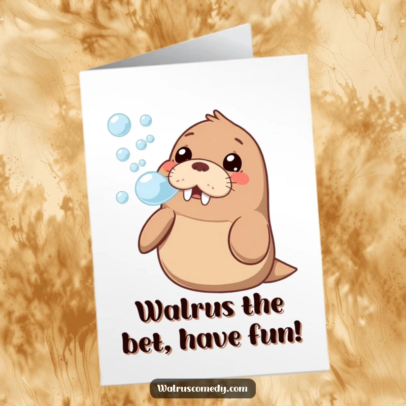 Funny Free Printable Birthday Card: Kawaii walrus joyfully blowing a stream of bubbles, perfect for a whimsical celebration.