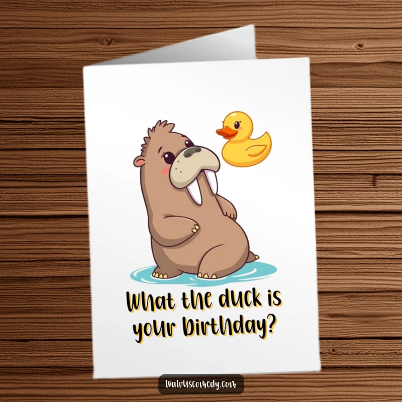Funny Free Printable Birthday Card: Walrus comically surprised by a yellow rubber duck floating nearby. A humorous, downloadable greeting.