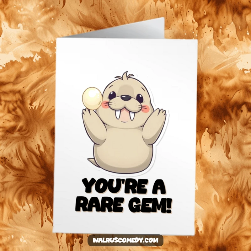 Funny free printable birthday card: A smiling walrus proudly holds a shimmering pearl, celebrating a special day. Elegant downloadable art.