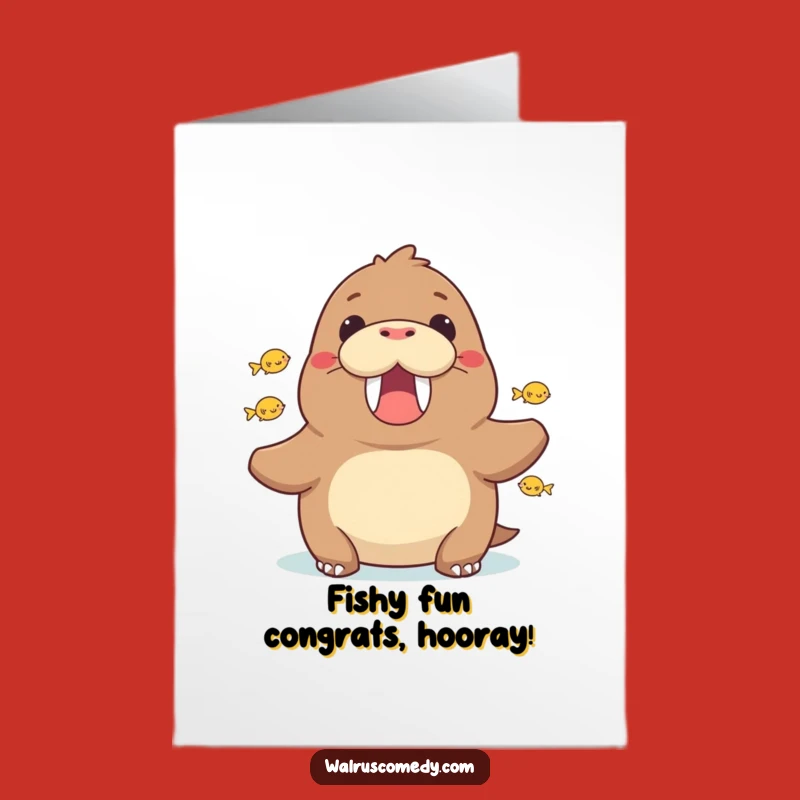 Free Printable Congrats Card: Cheering Walrus & Fish - Celebrate Success!