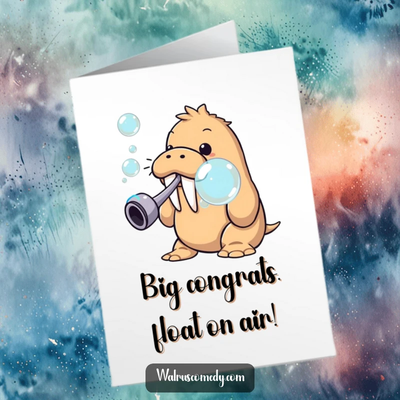 Funny Free Printable Congrats Card: Walrus blowing impressively large bubbles, signifying a grand celebration and success.
