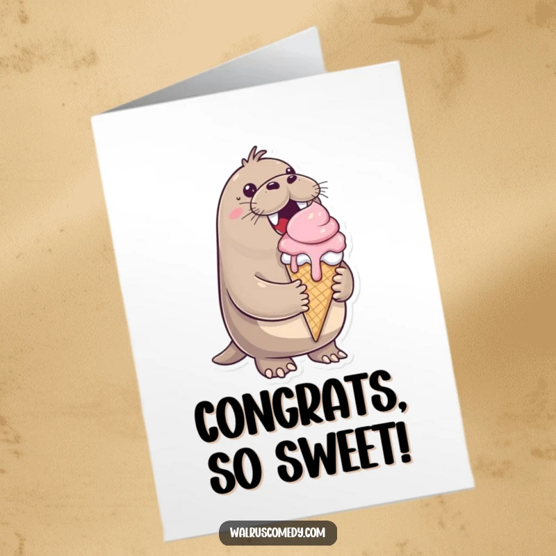 Funny Free Printable Congratulations Card: Cheerful walrus gleefully holding a large, melting ice cream cone, celebrating a win.