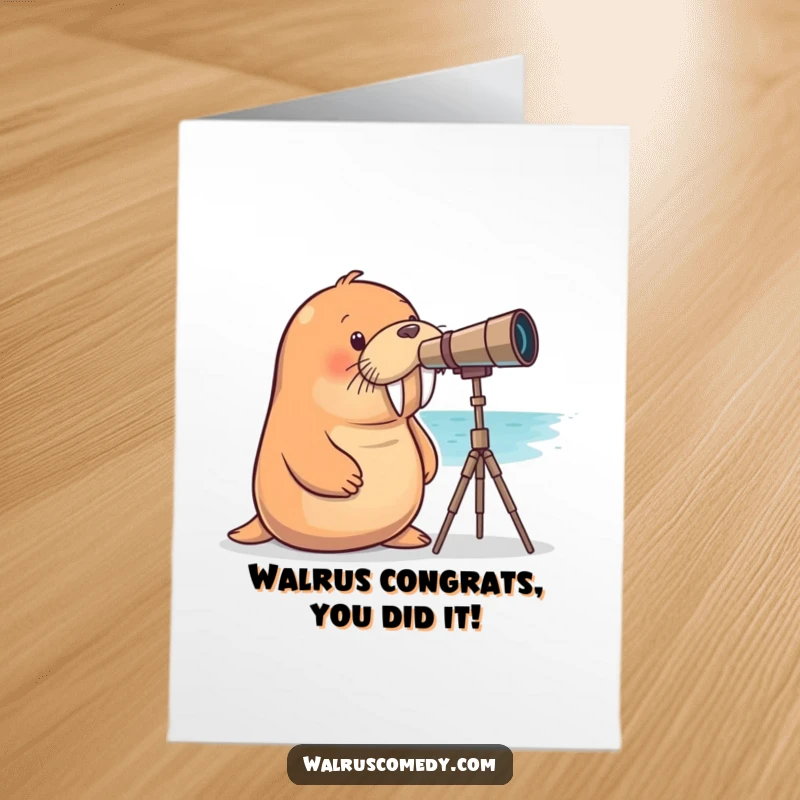 Funny Free Printable Congratulations Card: Curious walrus looking through a telescope, celebrating achievements.