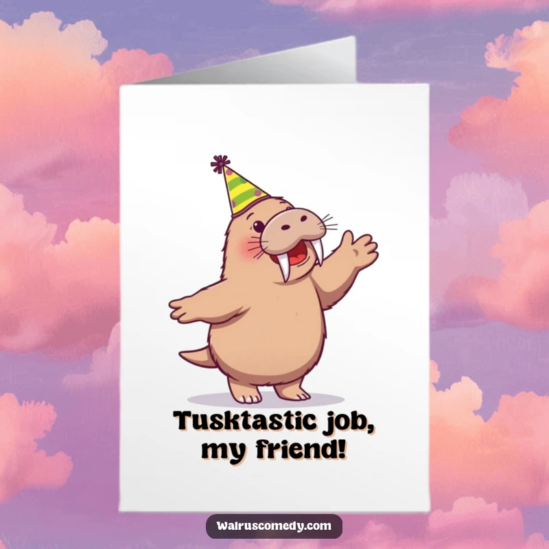 Funny Free Printable Congratulations Card: Energetic walrus wearing a party hat, dancing with pure excitement to celebrate.
