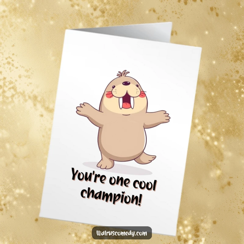 Funny Free Printable Congratulations Card: Joyful walrus energetically dancing a jig with flippers triumphantly raised.