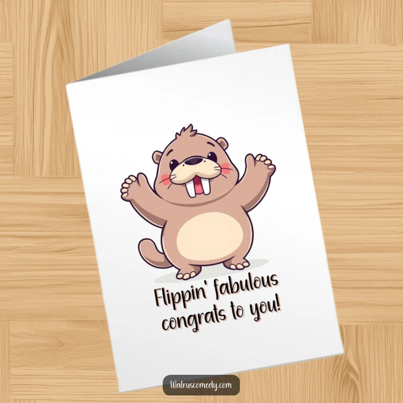 Funny Free Printable Congrats Card: Walrus energetically dancing with flippers up, expressing pure joy and victory.