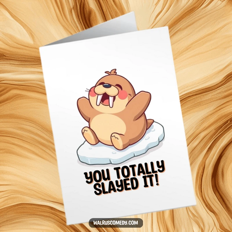 Funny Free Printable congratulations card with a thrilled walrus sliding on ice, celebrating a major win. A hilarious downloadable gift.