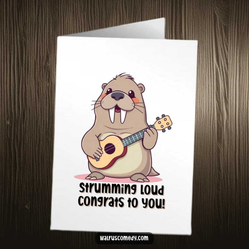 Funny Free Printable Congrats Card: Walrus playing ukulele to celebrate your big win, making it extra special.