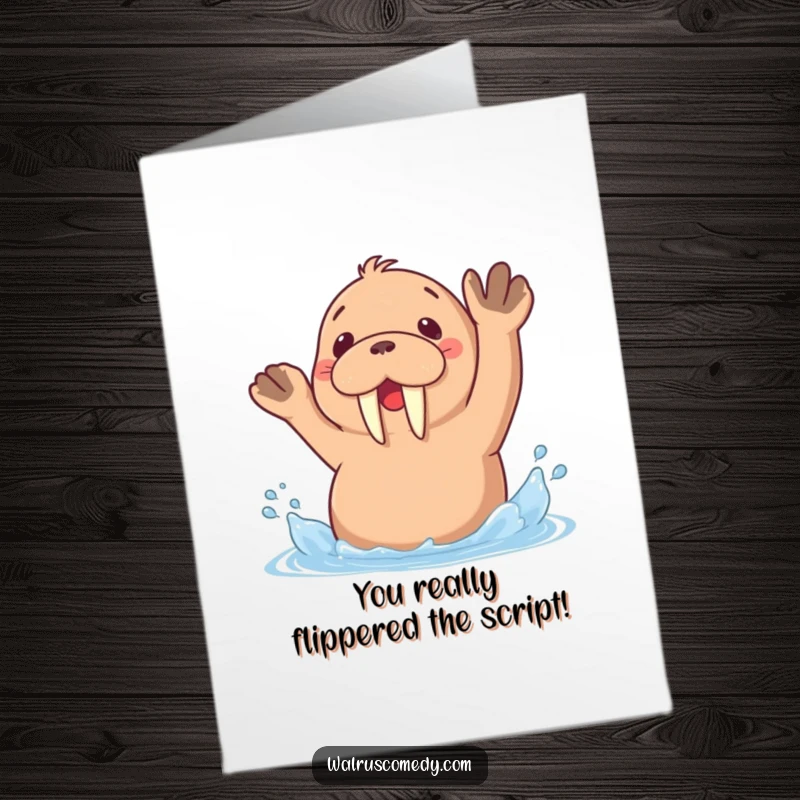 Funny Free Printable Congratulations Card: A kawaii walrus joyfully splashes water, celebrating a fantastic achievement.