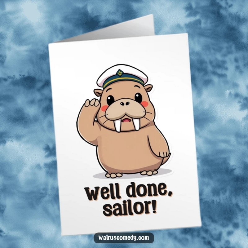Funny Free Printable Congratulations Card: A playful walrus dressed as a sailor, wearing a tiny hat, salutes with a big, happy grin.