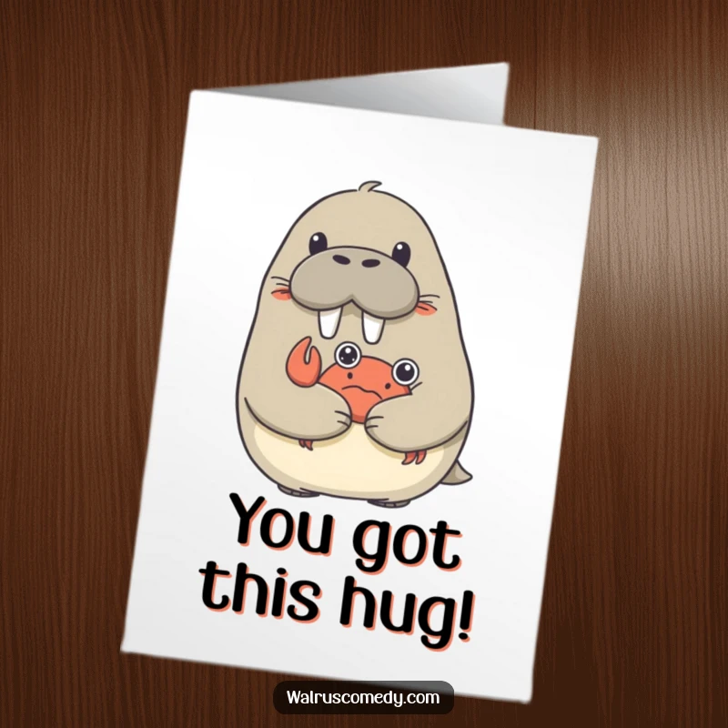 Funny Free Printable Congrats Card: Surprised walrus gets a warm hug from a little crab. A sweet, downloadable congratulation.