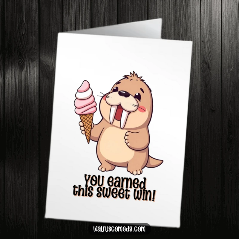 Funny Free Printable Congrats Card: Walrus offering a large ice cream cone with delight, celebrating victory.