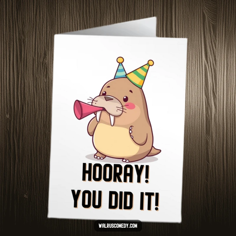 Funny Free Printable Congratulations Card: A happy walrus in a party hat blowing a loud party horn in celebration.