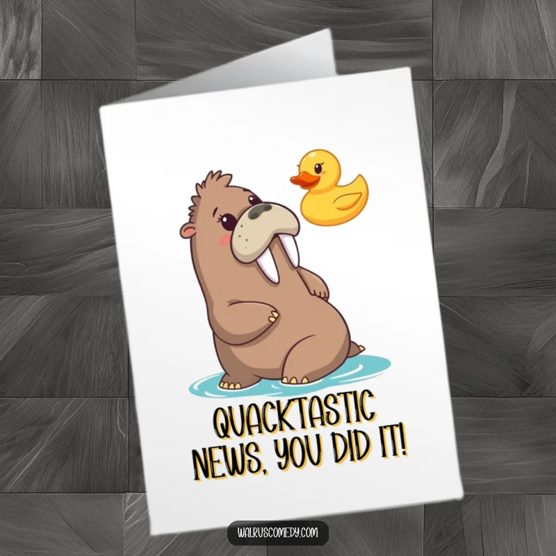 Funny Free Printable Congratulations Card: Walrus hilariously startled by a floating rubber duck. A quirky, downloadable card for any achievement.