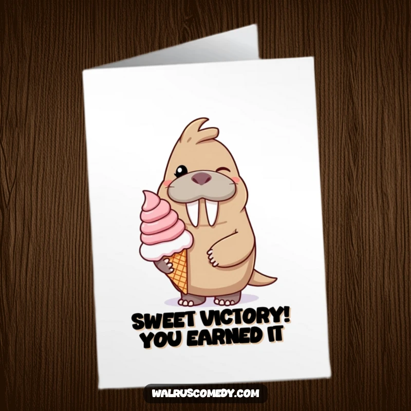 Funny Free Printable congratulations card with a winking walrus offering a giant ice cream cone, celebrating sweet success. A hilarious downloadable gift.