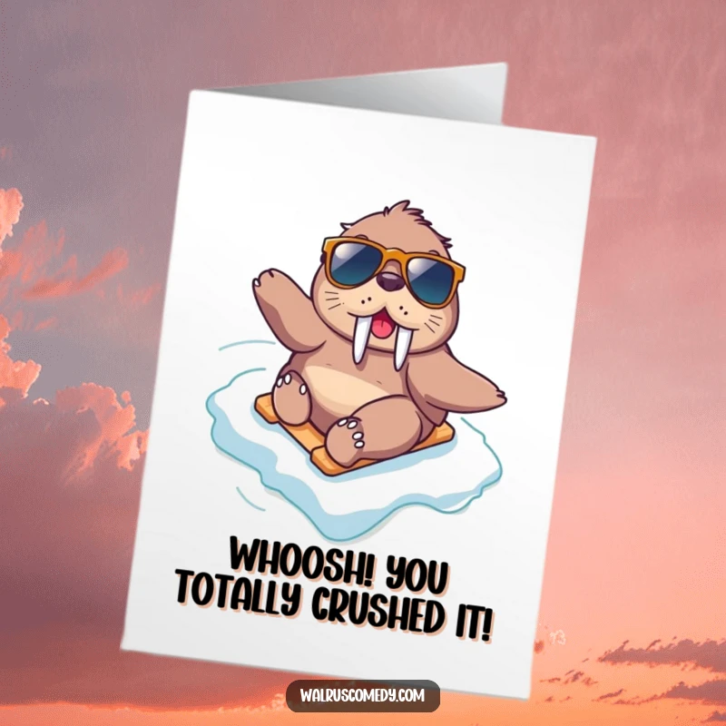 Funny Free Printable Congratulations Card: A stylish kawaii walrus sporting sunglasses speeds down an icy slope in celebration.