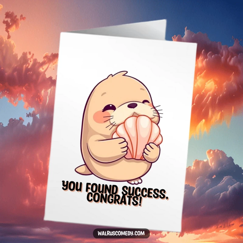 Funny Free Printable Congratulations Card: A walrus winks playfully while presenting a large, shimmering seashell, celebrating a find.