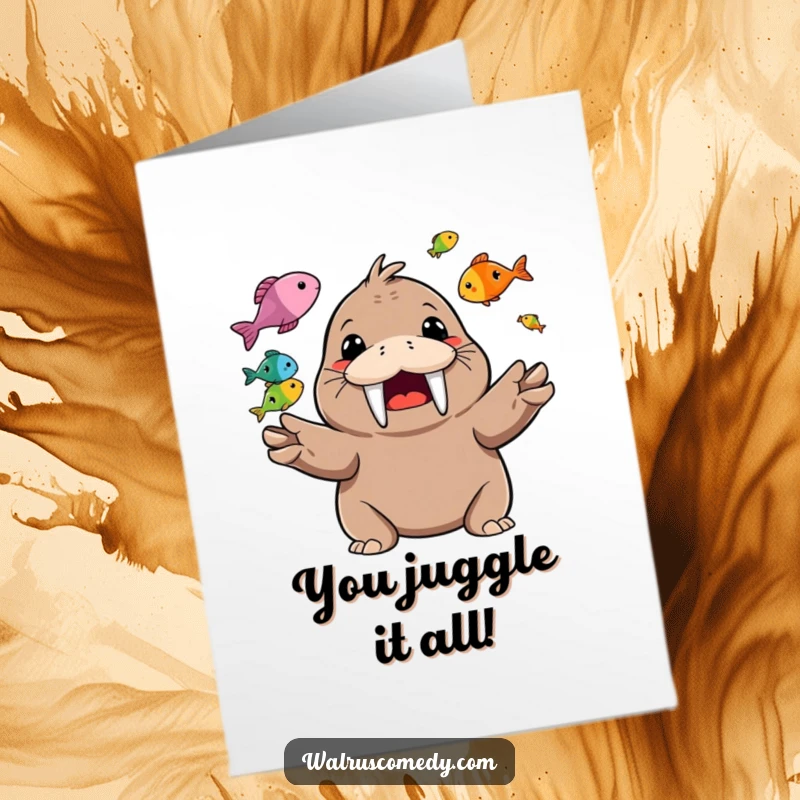Funny Free Printable Congratulations Card: A happy walrus skillfully juggles bright fish, showcasing its talent with a massive, toothy grin.