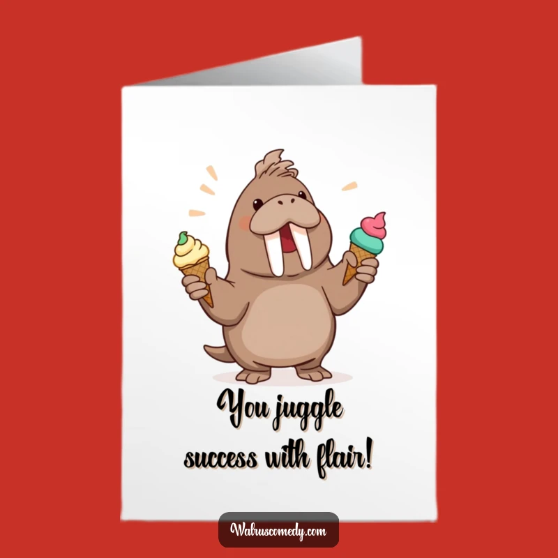 Free Printable Congrats Card: Ice Cream Walrus Juggling - Joyful Downloadable