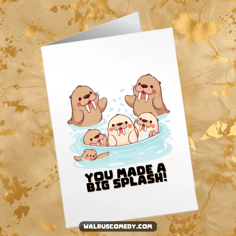 Funny Free Printable Congrats Card: Group of playful walruses splashing water, celebrating achievements with fun.