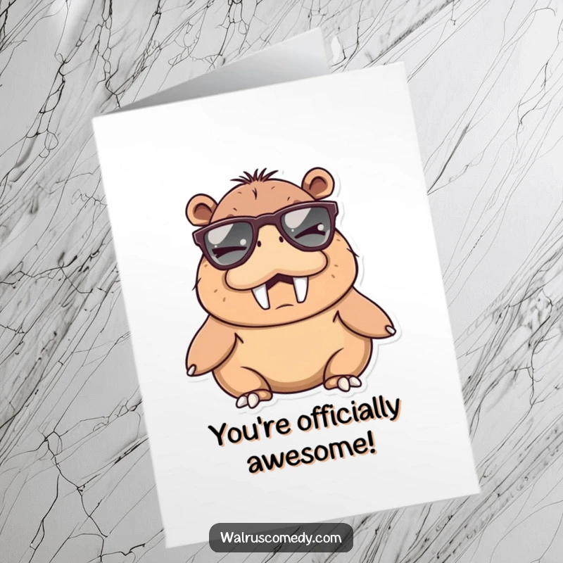 Funny Free Printable Congratulations Card: Winking walrus wearing oversized sunglasses, exuding coolness for any win.