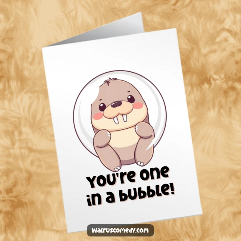 Funny Free Printable Kawaii Walrus Congratulations Card: shy walrus peeking from a bright bubble, offering warm wishes.