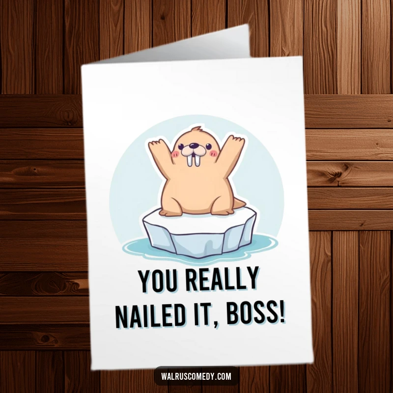 Funny Free Printable Congratulations Card featuring a kawaii walrus soaking up the sun on a mini iceberg, looking utterly content.