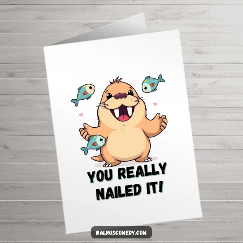 Funny Free Printable Congratulations Card showing a joyful walrus expertly juggling multiple fish, teeth bared in a wide, happy grin.
