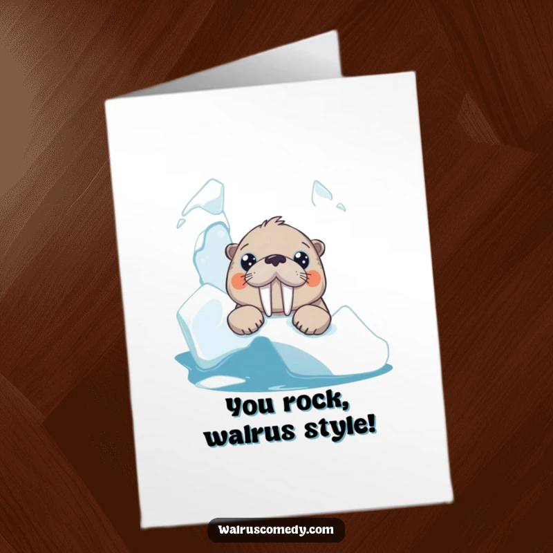 Funny Free Printable Congratulations Card showing a wide-eyed walrus peeking from behind an iceberg, perfect for celebrating achievements.