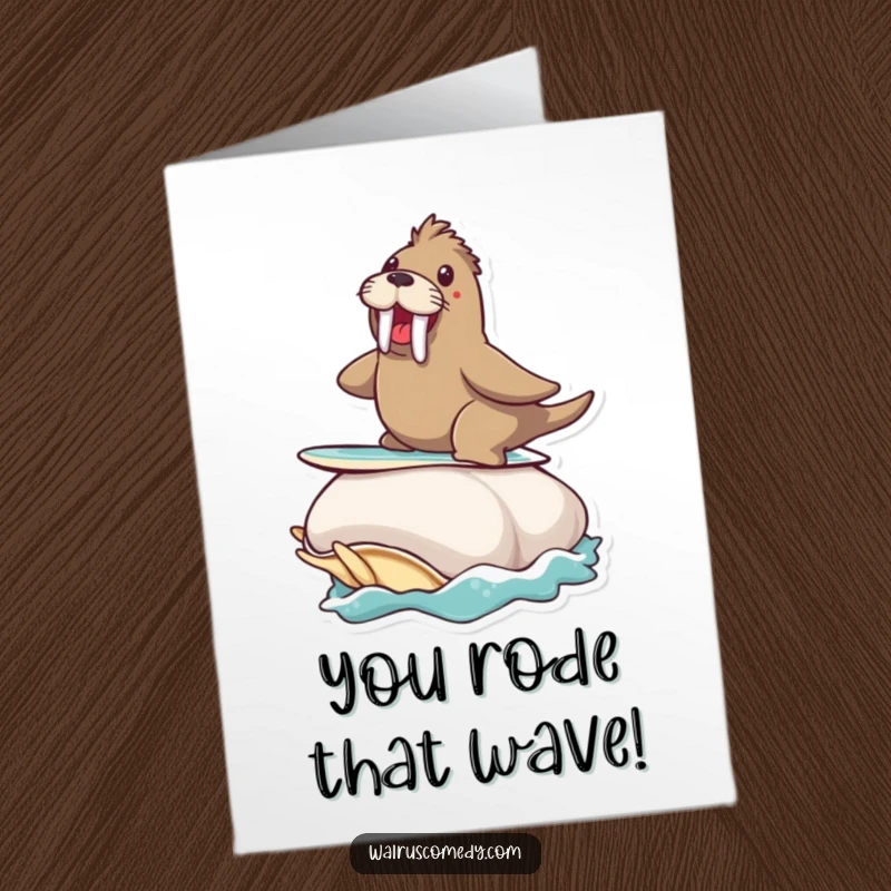 Funny Free Printable Congrats Card: Walrus expertly surfs a massive clam, signifying a big win. Exciting downloadable congrats.