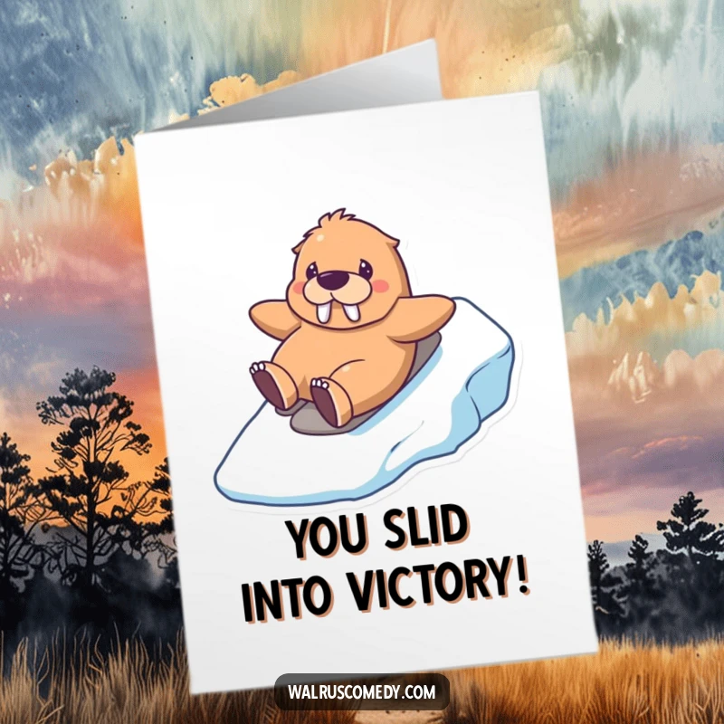 Funny Free Printable Congratulations Card: A grinning kawaii walrus joyfully sliding down a snowy icy slope.