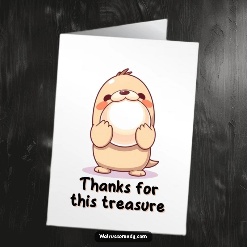 Funny Free Printable Kawaii Walrus Thank You Card featuring an excited walrus presenting a giant, shiny pearl with innocent wonder.