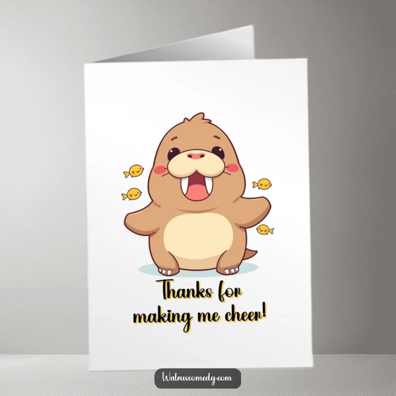 Funny Free Printable Thank You Card: Walrus cheering with a big grin, surrounded by tiny jumping fish. A joyful thank you from the sea.