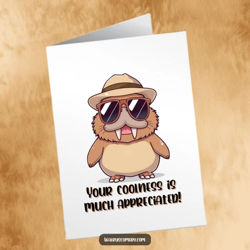 Funny Free Printable Thank You Card featuring a walrus wearing oversized sunglasses and a hat, looking effortlessly cool.