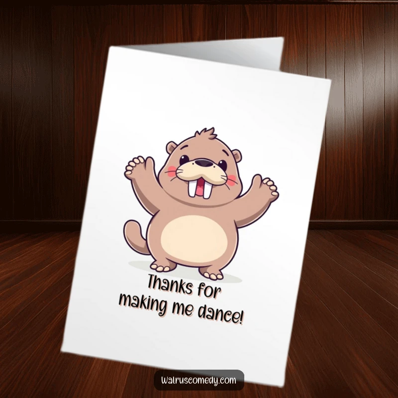 Funny Free Printable Thank You Card: Walrus doing a happy dance with flippers raised, showing enthusiastic gratitude. What a mover!