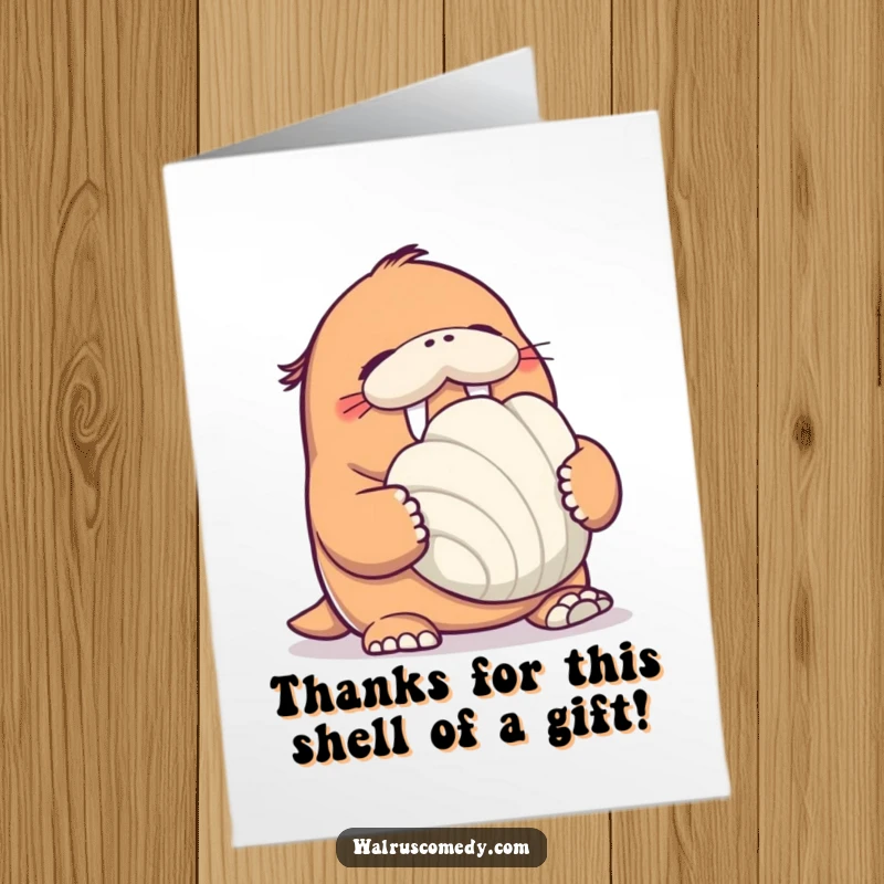 Funny Free Printable Thank You Card featuring a walrus giggling heartily while holding an oversized seashell, conveying warm thanks.