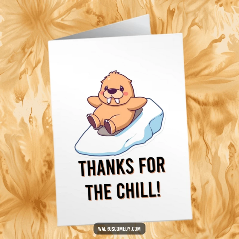 Funny Free Printable Thank You Card: A happy kawaii walrus with a grin sliding downhill on ice, conveying thanks.