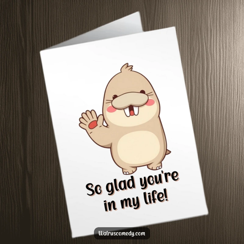 Funny Free Printable Thank You Card: A smiling kawaii walrus waves hello, conveying sincere thanks.
