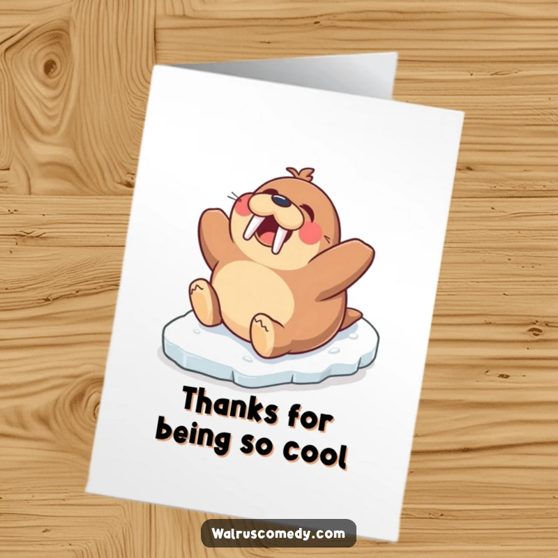 Funny Free Printable thank you card featuring a joyous walrus sliding on ice, expressing heartfelt gratitude. A humorous downloadable gift.