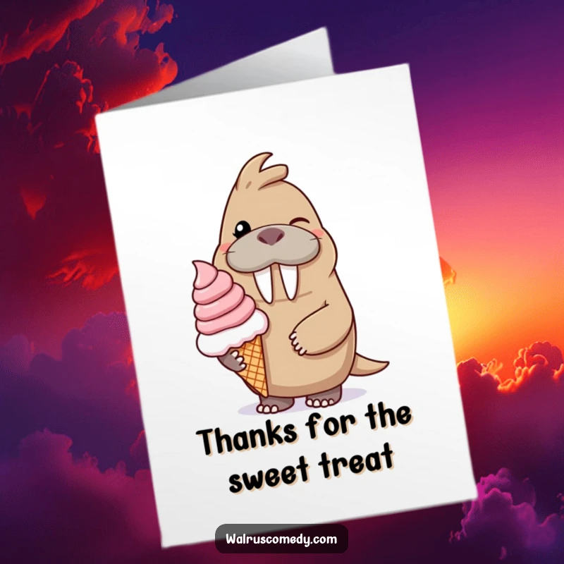 Funny Free Printable thank you card featuring a winking walrus holding out a huge ice cream cone with a big smile. A humorous gift.