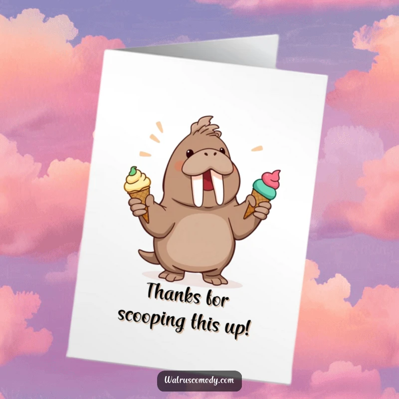 Funny Free Printable Thank You Card featuring a walrus juggling ice cream cones, conveying sweet and fun gratitude.